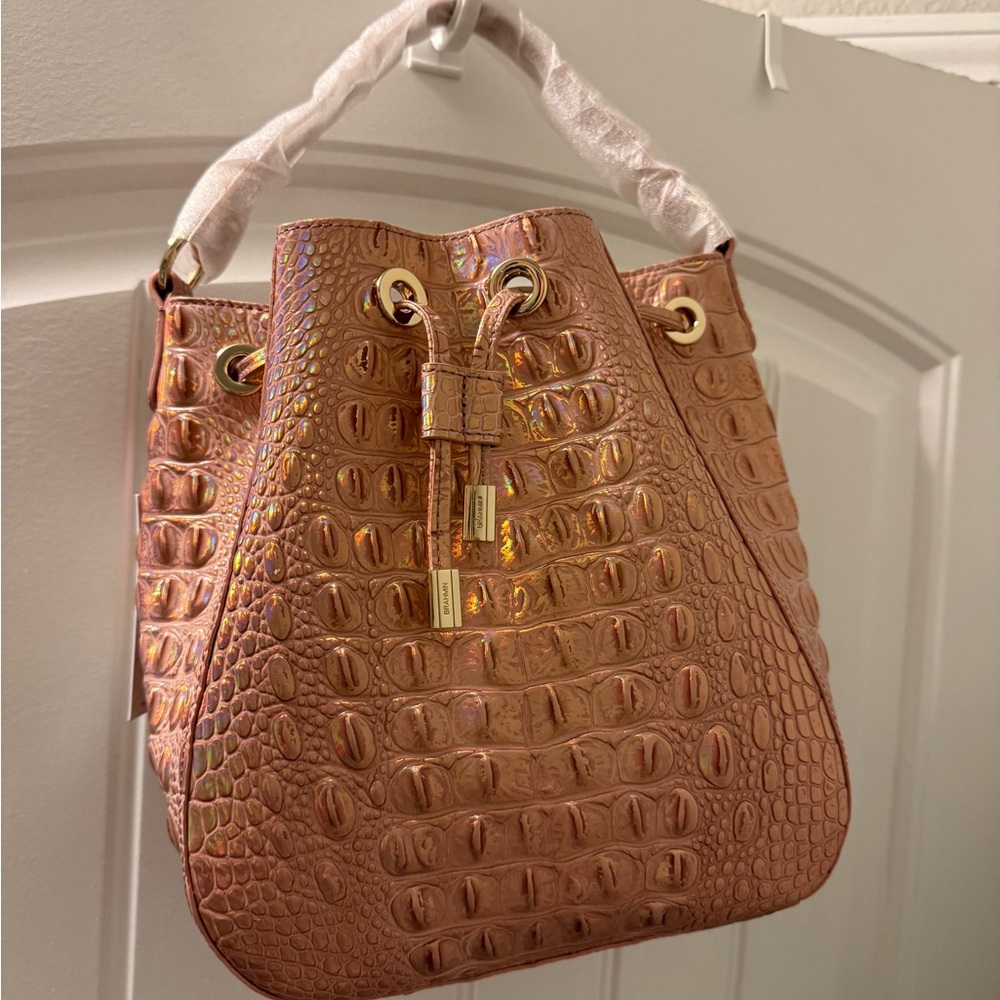 Brahmin Tan Mini Croc-Embossed Bag with Gold Hardware